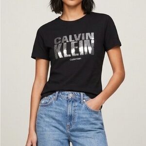 NWT Calvin Klein Black Tee with Silver Logo Print